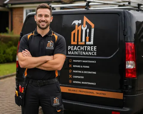 Peachtree Maintenance branding on a work uniform and maintenance van